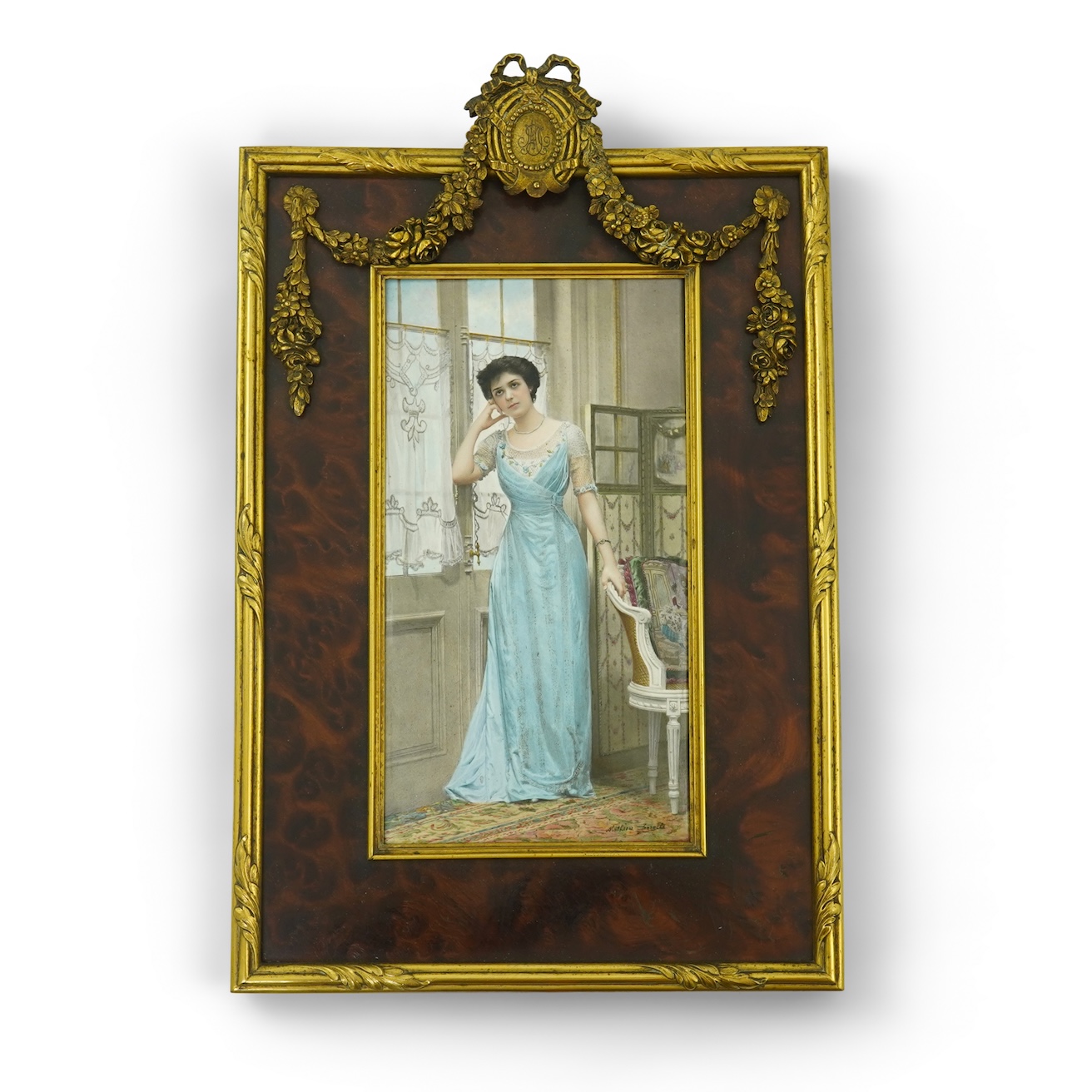 Mathieu Deroche (French fl.1866-1904), 'Full length portrait of a lady in an interior'